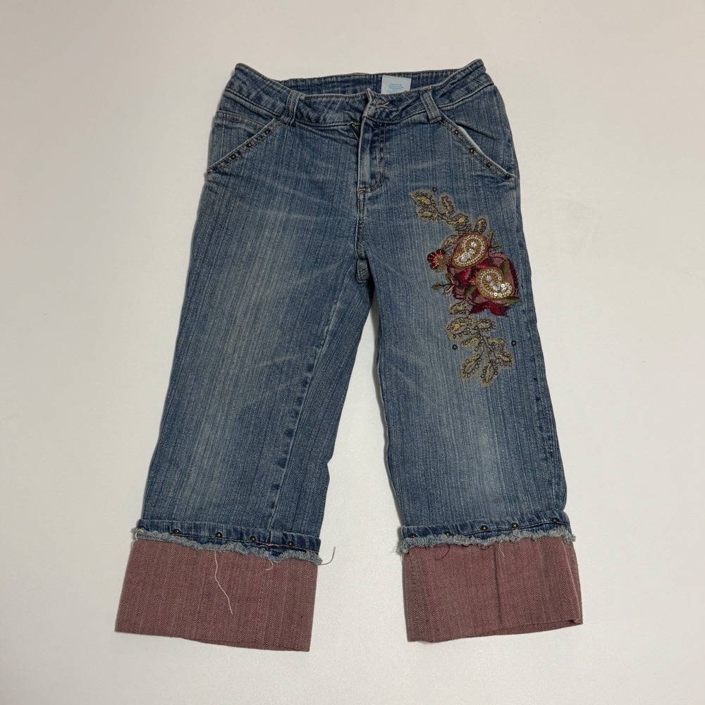 Mary-Kate and Ashley Size 10‎ Capri Jeans Y2K Embroidered Rose Applique Cuffed